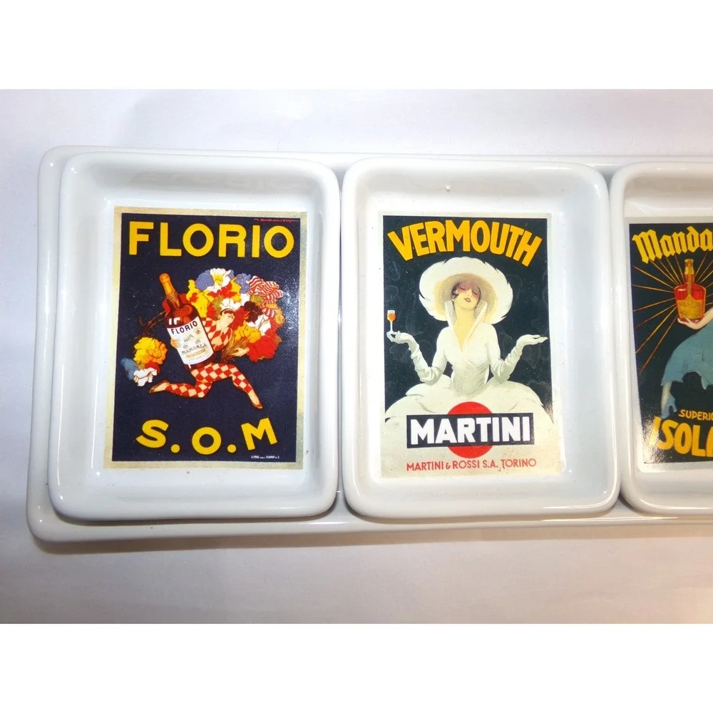 Pottery Barn Vintage Poster Appetizer Set 4 Dishes & Tray Martini Florio White